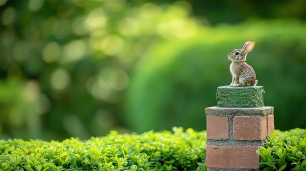 Small brown rabbit sits atop a brick pillar, vibrant green garden background photo