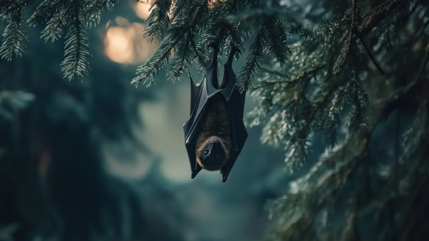 Bat hanging upside down from a pine tree branch. Forest backdrop photo
