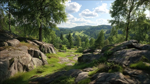 Clear sky above high detail summer valley landscape photo