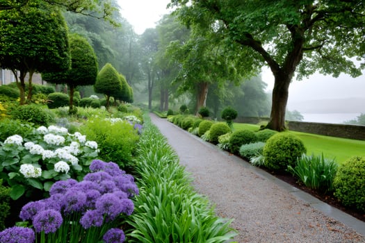 Gravel path winding through a lush garden with blooming flowers and manicured hedges photo