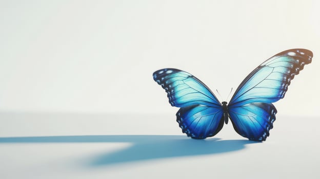 A vibrant, light-blue butterfly, wings open, rests on a plain, light-gray surface. Soft shadows cast photo