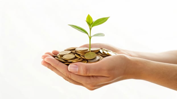 Cost of living inflation. Hand coin plant growth investment finance savings green money wealth nurturing economic future prosperity ,rising prices,financial pressure,economic crisis photo