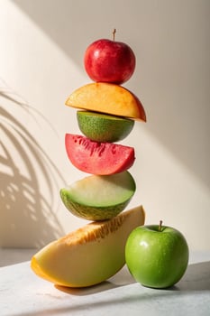 Stacked Fruit Composition. Apple, Melon, and Watermelon Slices photo