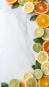Citrus Fruit Slices on Marble Background, Fresh and Healthy. photo