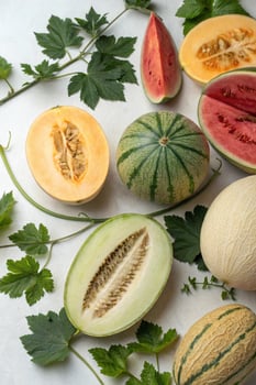 Assorted Melon and Watermelon Slices with Leaves photo
