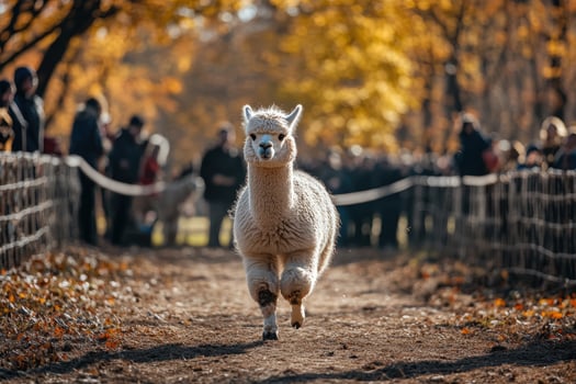 A white alpaco walking in a field with people watching photo