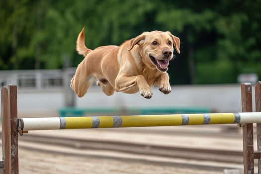 A dog jumping over an obstacle in an outdoor arena photo