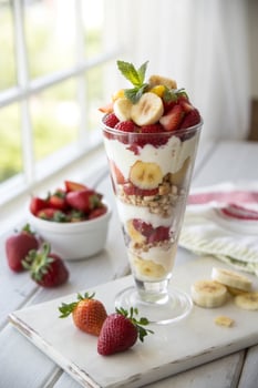 Delicious layered fruit parfait with strawberries, bananas, and mint. photo
