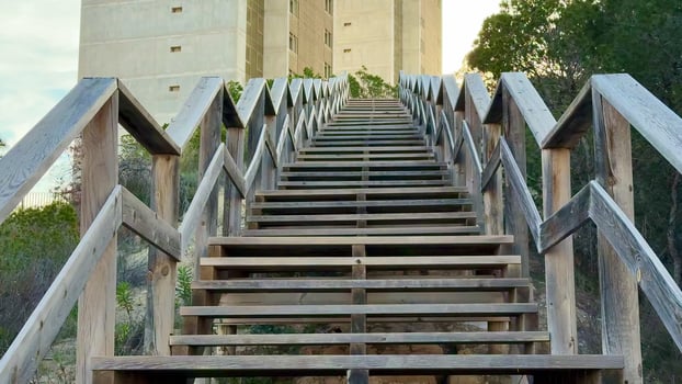 A wooden stairway leads to a modern concrete tower, surrounded by lush greenery that enhances the scenic view photo