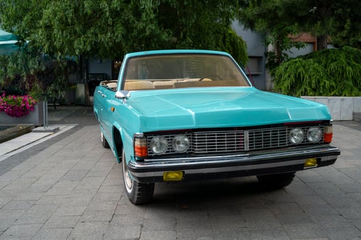 Vintage convertible, turquoise color and beige seats. stands on the street, Front view of a vintage turquoise open convertible. concept of bright summer and relaxation photo