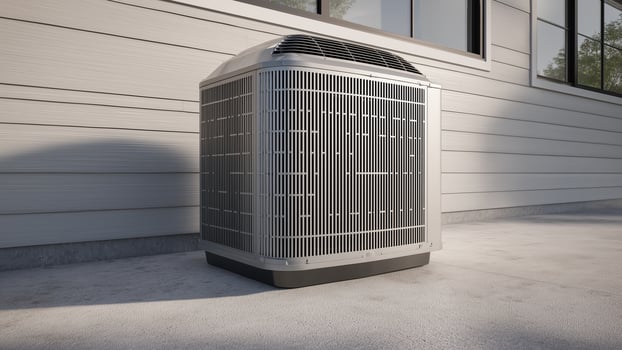 HVAC air conditioner unit on a concrete slab outside of the house. photo