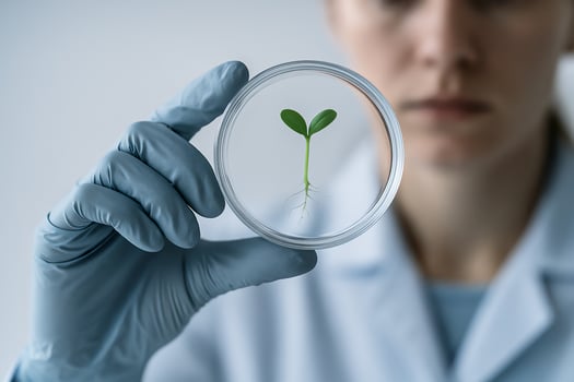 Scientist examining seedling in petri dish, plant biotechnology research, innovation in sustainable agriculture and laboratory experimentation photo