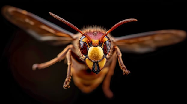 A striking insect flies with detailed features and vivid colors captured up close in natural light. photo