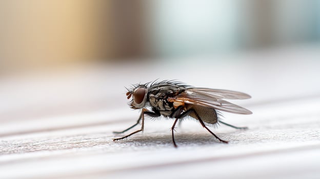 A fly is perched on a wooden surface, showcasing its details under natural daylight. photo