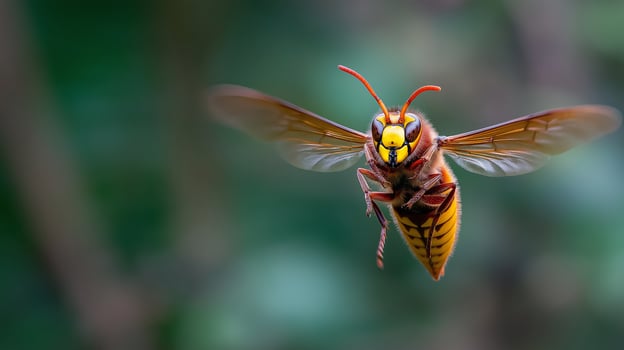 A hornet hovers mid-air with vivid details and vibrant colors against a blurred background. photo