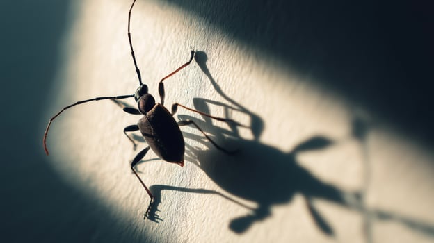A beetle crawls on a wall, casting a prominent shadow as the light highlights its details. photo