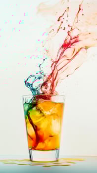 A vibrant cocktail filled with ice displays colorful splashes of liquid against a white background, showcasing creativity and refreshment photo