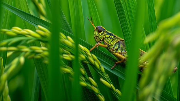 A bright grasshopper rests on a rice plant, among lush green leaves in the sunlight. photo