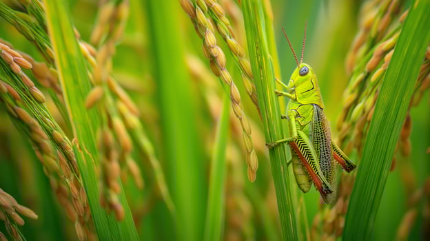 A grasshopper clings to a rice stalk surrounded by vibrant green plants, showcasing ripe grains. photo