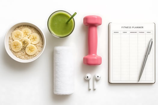 Oatmeal breakfast and fitness gear flat lay photo