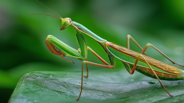 A vibrant praying mantis stands on a leaf, showcasing its detailed features in a rich green setting. photo