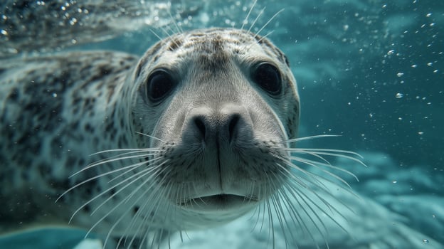 A playful seal swims closely while exploring the colorful underwater environment. photo