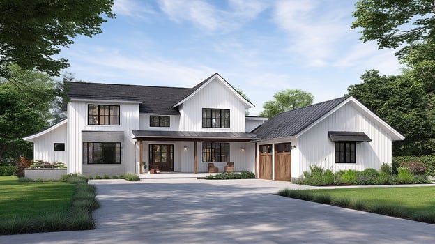 Real estate exterior photo of modern house with clean facade and lighting