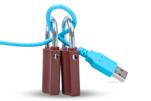 USB cable threaded through brown padlocks photo