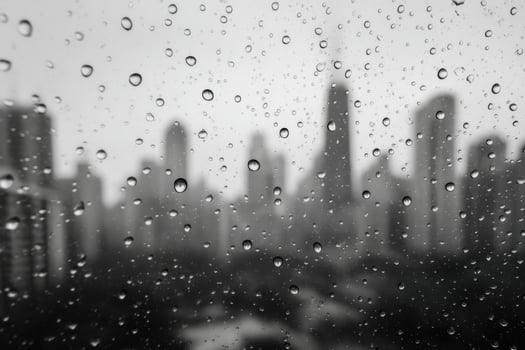 Rain Kissed Cityscape A Monochromatic View Through a Rain Streaked Window. The urban landscape is subtly revealed through the mesm photo