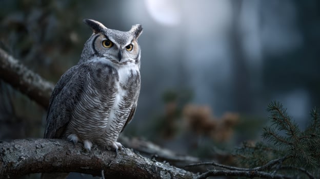 Majestic great horned owl perched on a mossy branch in a tranquil woodland forest setting with serene natural beauty photo