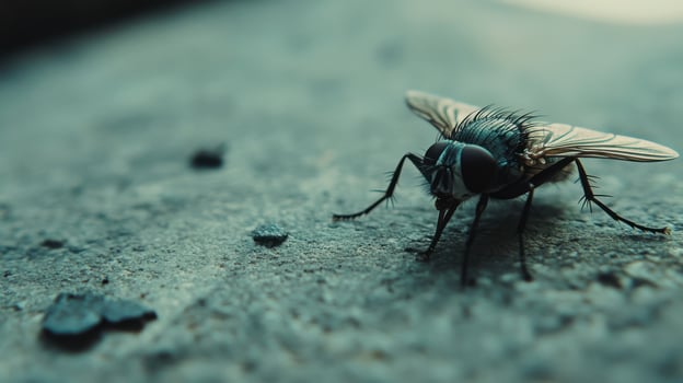 A fly sitting on the ground with its legs spread photo