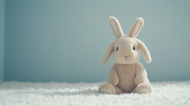 A stuffed rabbit sitting on a white carpet photo