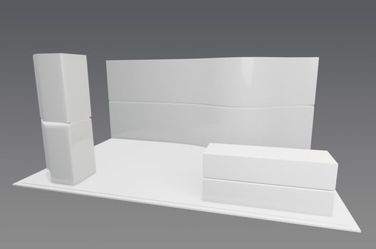A white display stand with a white table and two chairs photo