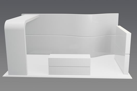 A white display stand with a white table and chair photo