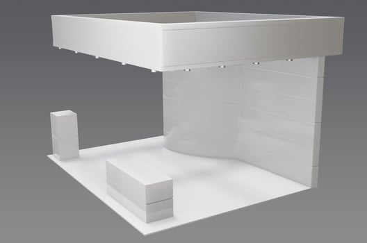 A white display stand with a white table and chairs photo