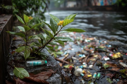 A small plant thrives next to a river filled with plastic and other waste, highlighting environmental concerns under gloomy skies photo