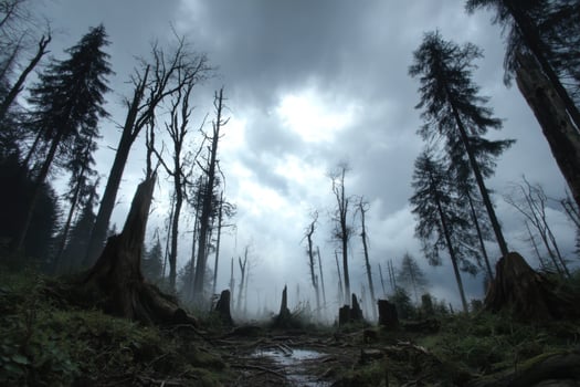 Gloomy atmosphere in a misty forest filled with tall, lifeless trees under dark clouds, showcasing nature's haunting beauty photo