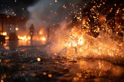 Bright flames rise as water splashes dramatically, creating a vibrant and dynamic atmosphere during an evening celebration photo