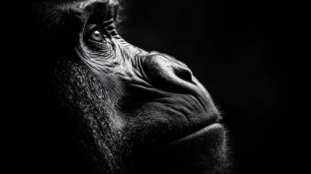 A black and white photo of a gorilla's face