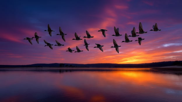 Tranquil lake reflects vibrant sunset with birds flying in beautiful formation across the calm scenic nature landscape photo