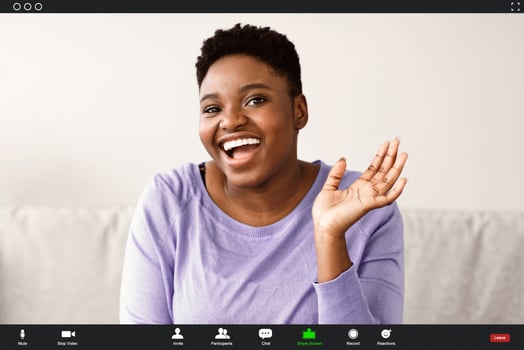Distant Communication. Pc screen view, headshot portrait of smiling young black woman making call with friend or relatives, happy millennial female talking online using videotelephony app photo