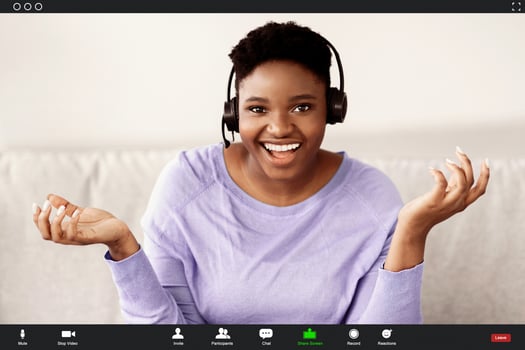 Remote Work And Technology. Black Woman Wearing Headset Having Conference, Talking To Camera During Virtual Web Call. Videocall Interface, App Display, Videotelephony And Telecommuting photo