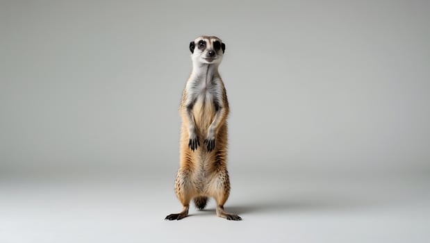 Portrait of a Curious Meerkat Standing Tall Against a Neutral Background photo