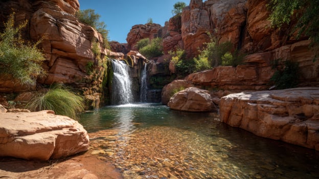 An Isolated Desert Canyon Featuring A Waterfall photo