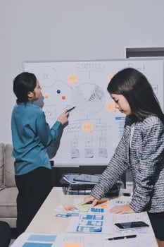 Two businesswomen standing in front of a whiteboard photo