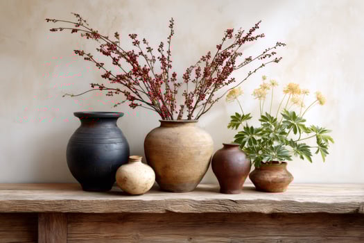 Rustic vases holding plants standing on wooden shelf photo