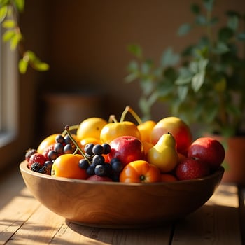 Fruit Still Life in Wooden Bowl with Natural Light photo