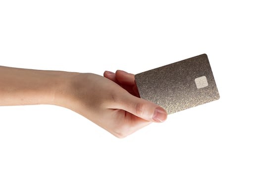 Card in hand. Female customer holding plastic debit for payment, shopping, bonus, cashback, finance, photo