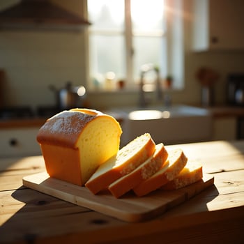 Sliced Loaf of Bread on a Cutting Board in Bright Kitchen Sunlight photo