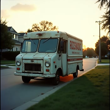Old Delivery Truck on Suburban Street at Sunset photo